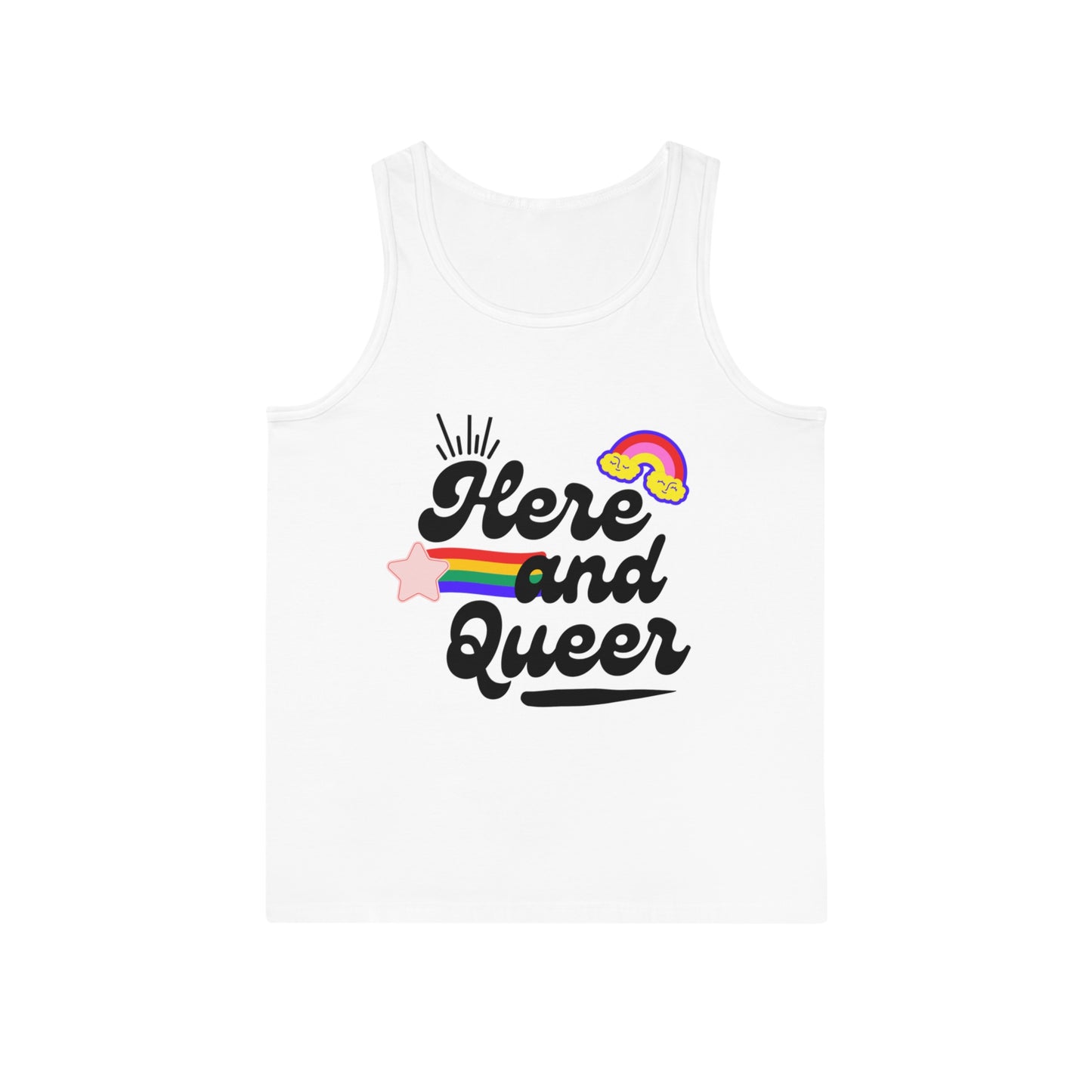 Here and Queer Unisex Softstyle™ Tank Top - Pride Apparel, LGBTQ+ Fashion, Casual Summer Wear, Gift for Friends, Rainbow Tank