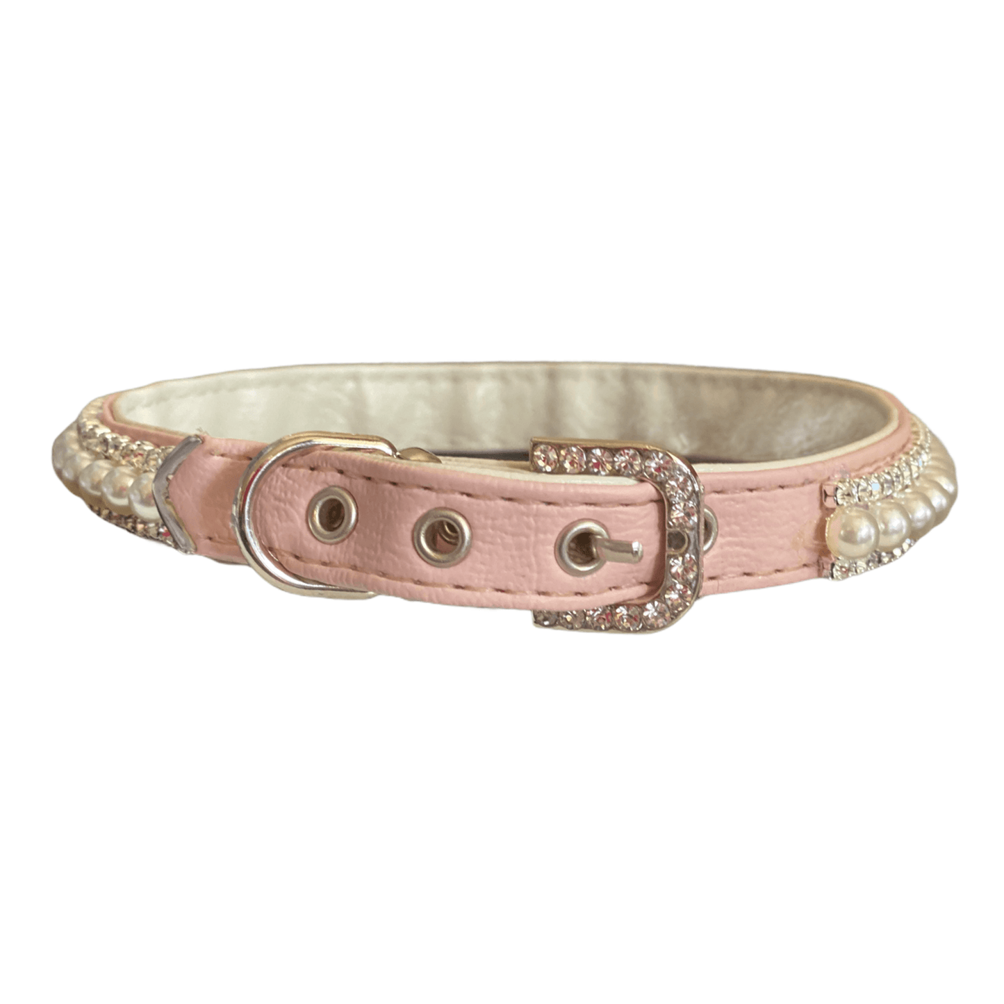 Luxurious Pink Pearl & Rhinestone Vegan Leather Dog Collar-4