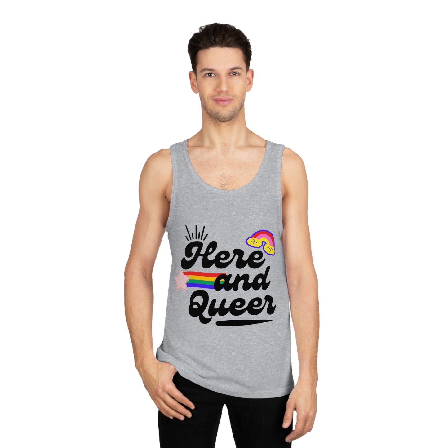 Here and Queer Unisex Softstyle™ Tank Top - Pride Apparel, LGBTQ+ Fashion, Casual Summer Wear, Gift for Friends, Rainbow Tank