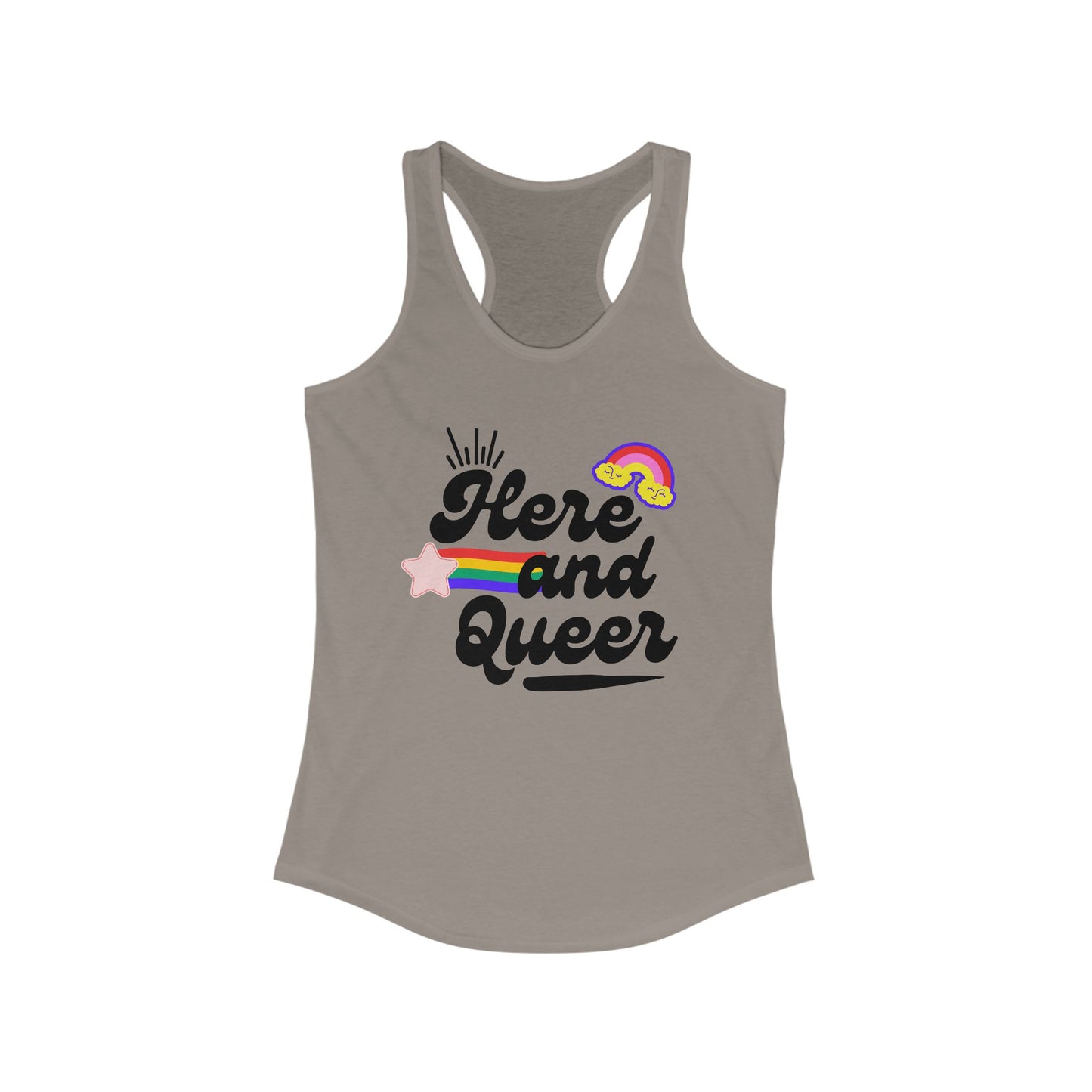 Here and Queer Women's Racerback Tank - Pride Apparel, LGBTQ+ Gear, Summer Wear, Festival Outfit, Gift for LGBTQ+ Friends