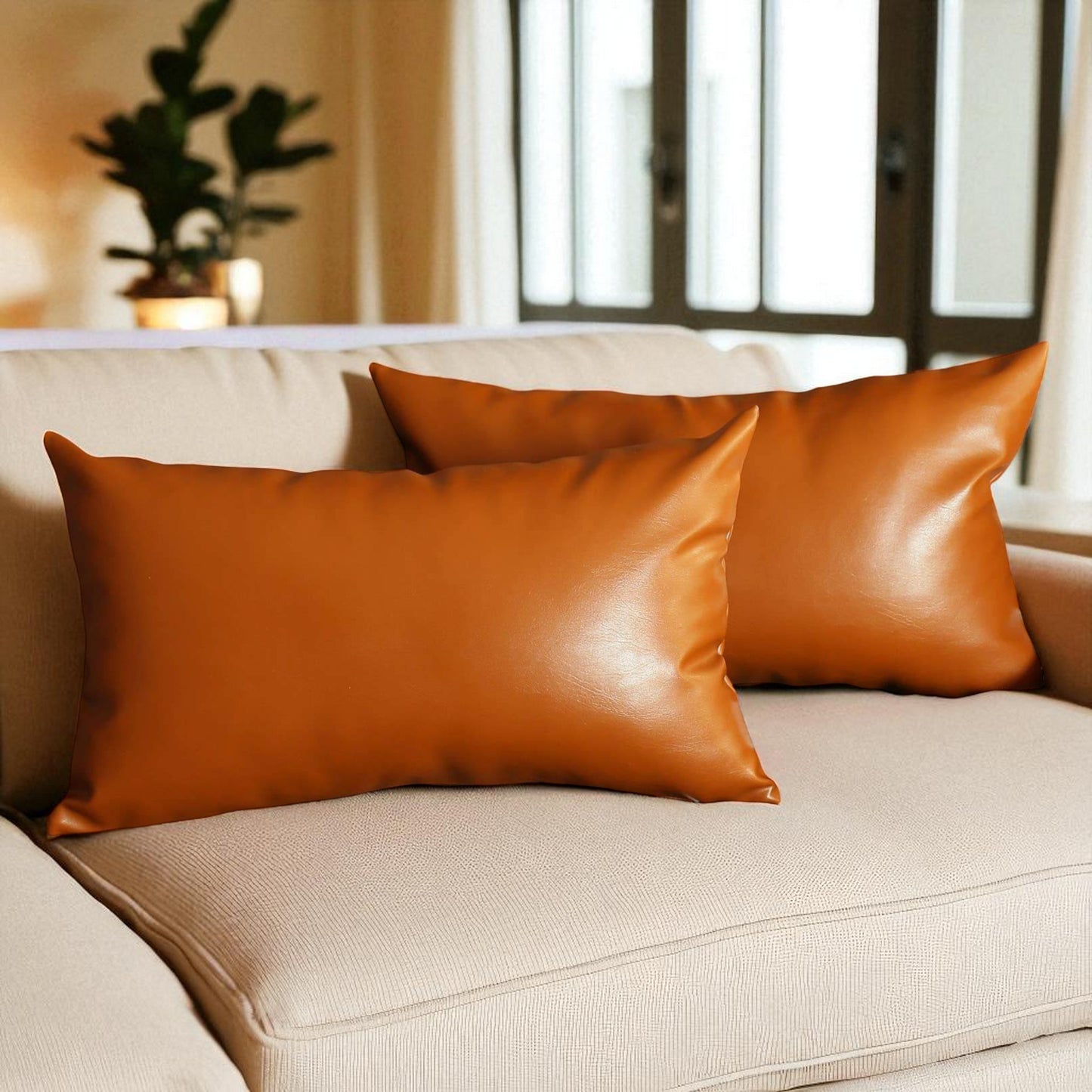 Decorative Vegan Faux Leather Throw Pillow Set of 2-0