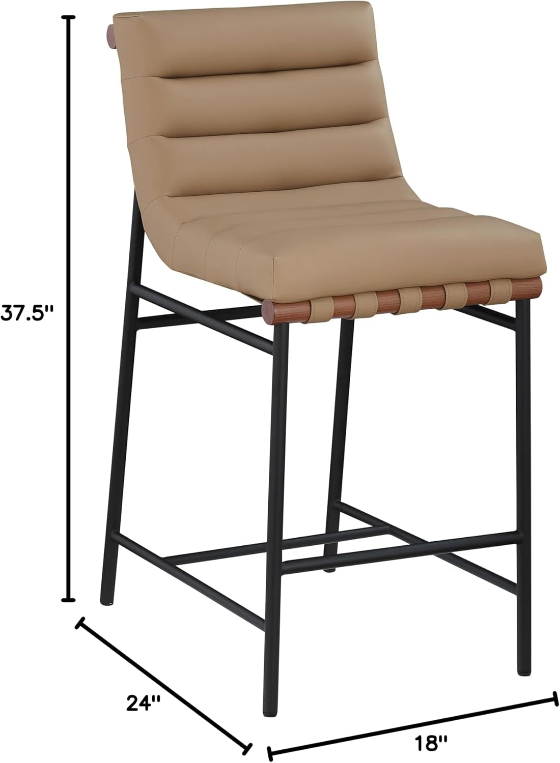 813Tan-C Burke Collection Modern | Contemporary Counter Stool with Soft Tan Vegan Leather, Tan Vegan Leather Straps, Matte Black Metal Frame, 18" W X 24" D X 37.5" H, Tan-2