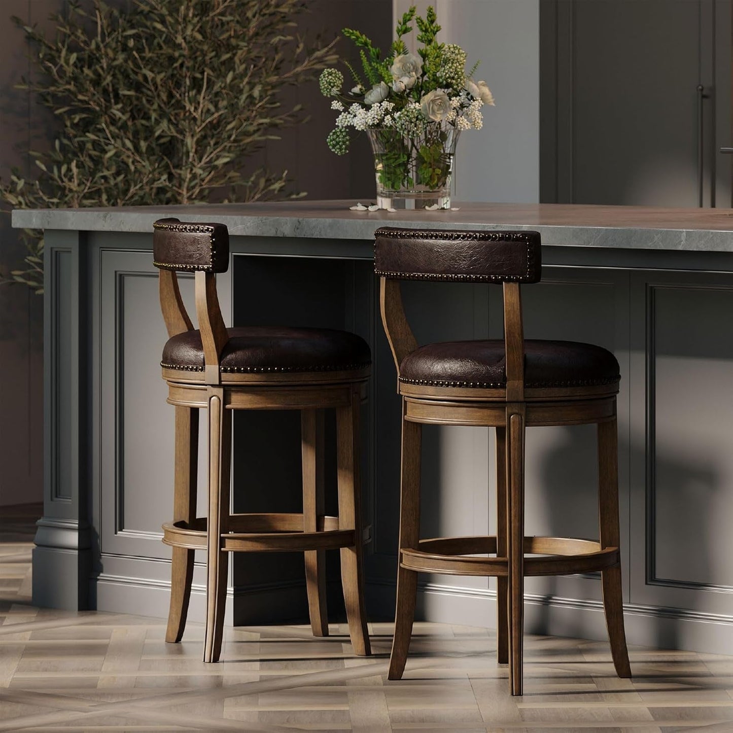 Walnut Rotating Bar Stool, Vegan Leather Seat-0