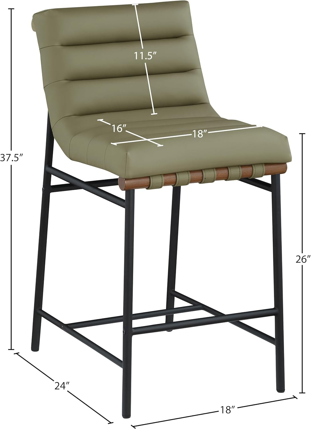 813Olive-C Burke Collection Modern | Contemporary Counter Stool with Soft Olive Green Vegan Leather, Vegan Leather Straps, Matte Black Metal Frame, 18" W X 24" D X 37.5" H, Green-2