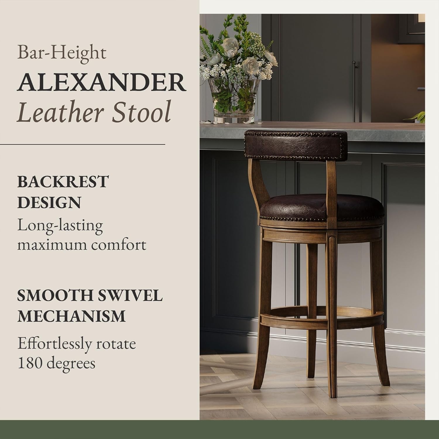Walnut Rotating Bar Stool, Vegan Leather Seat-4