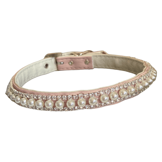 Luxurious Pink Pearl & Rhinestone Vegan Leather Dog Collar-1