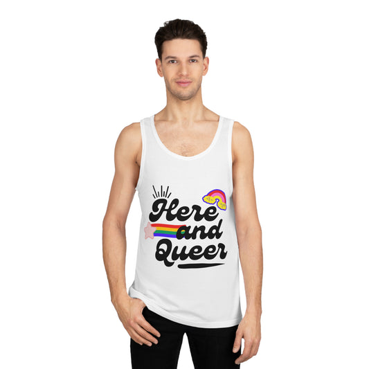 Here and Queer Unisex Softstyle™ Tank Top - Pride Apparel, LGBTQ+ Fashion, Casual Summer Wear, Gift for Friends, Rainbow Tank