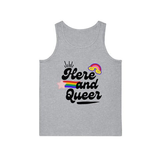 Here and Queer Unisex Softstyle™ Tank Top - Pride Apparel, LGBTQ+ Fashion, Casual Summer Wear, Gift for Friends, Rainbow Tank