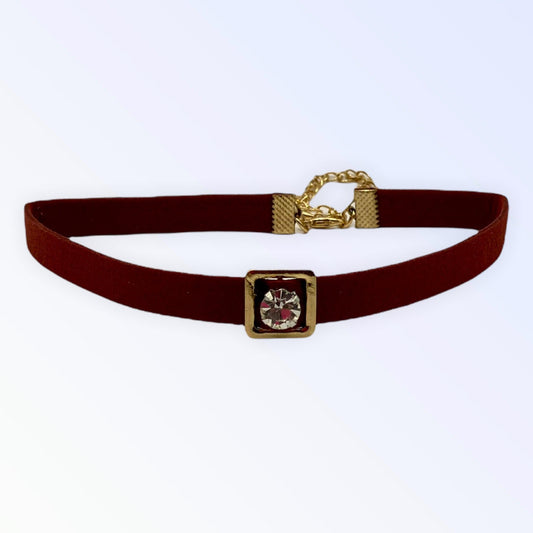Burgundy Suede Vegan Leather Necklace with Rhinestone Buckle-0