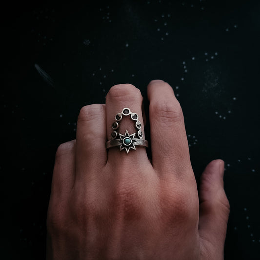 CLEARANCE Cosmic Dance Ring with Turquoise, Moon Phases, and Sun